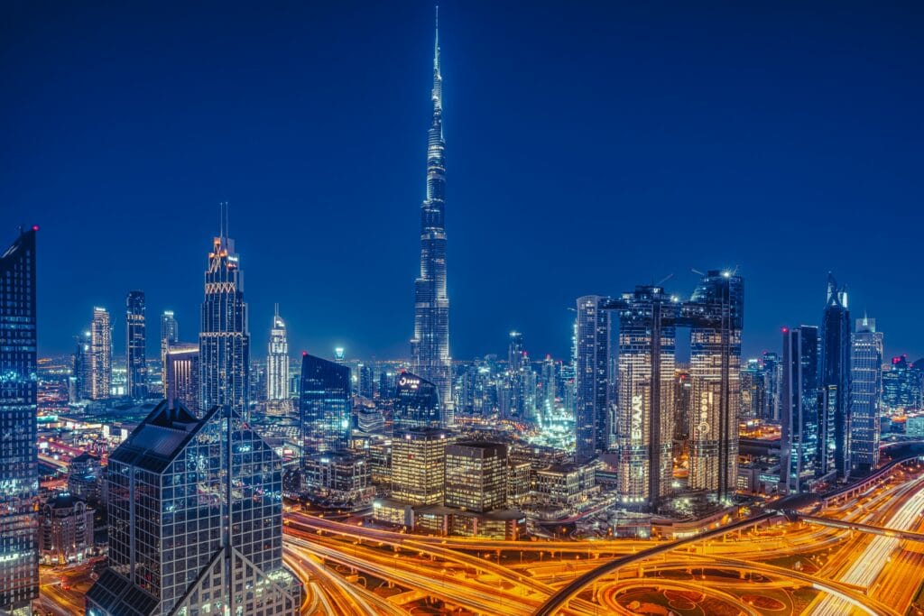 Quartier de downtown Dubaï by night